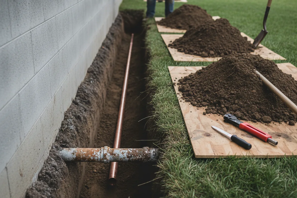 Excavated water line trench during Water Heater Repair in Rapidan
